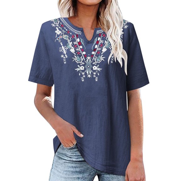 Ruyang Women's Cotton Linen Embroidery Shirt V Neck Solid Color Female Art Loose Pullover Short Sleeve Top Shirts for Women Casual Summer