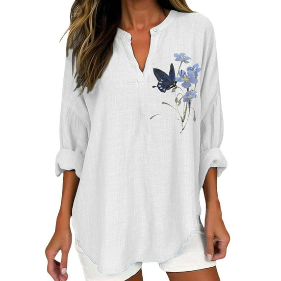 Ruyang Women's Cotton Linen Shirts Plus Size Tunic Tops Long Sleeve Casual Floral Printed Henley V Neck Shirts for Women