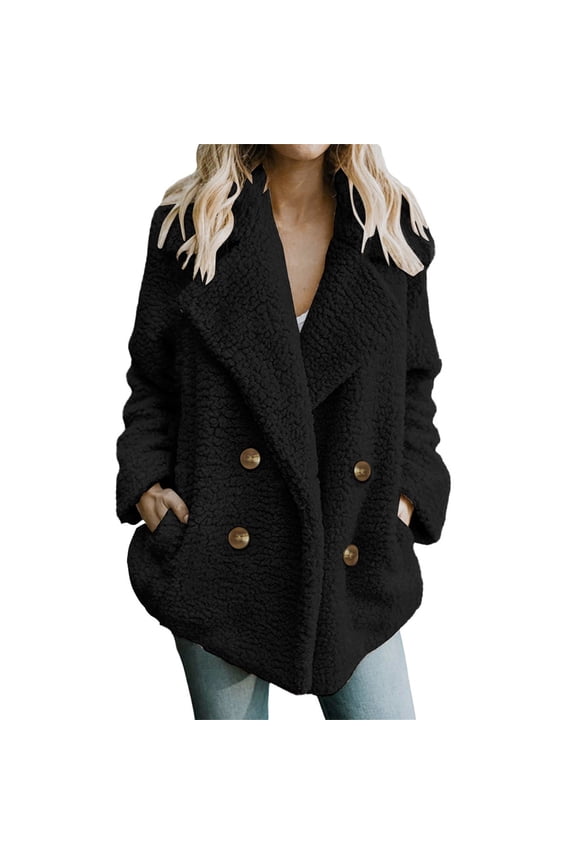 Women's Fashion Winter Coat Long Sleeve Lapel Button Faux Shearling Shaggy Oversized Cardigan Jacket with Pockets