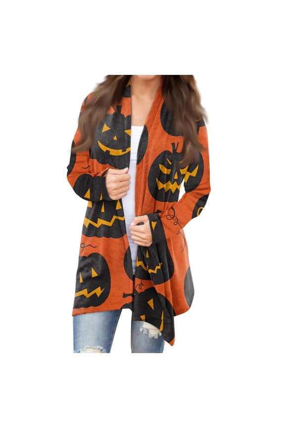 Women's Halloween Cat Pumpkin Cardigan Long Sleeve Open Front Knit Outwear Coat Plus Size Knitting Sweater Top