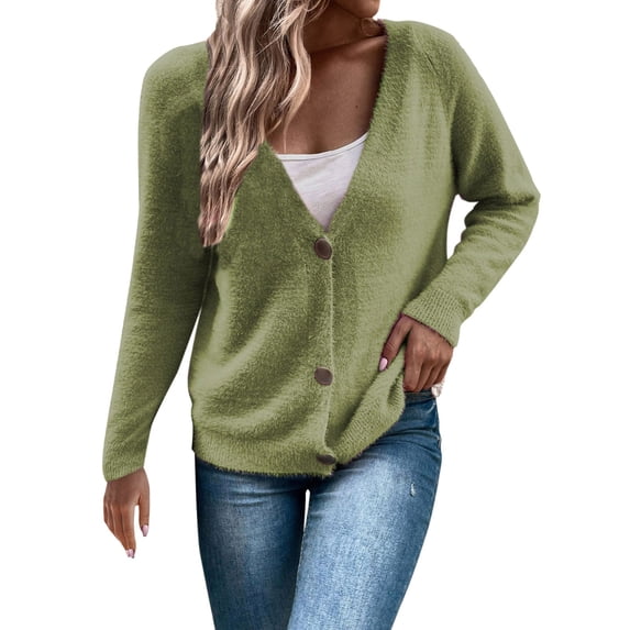 Ruyang Women's Lightweight Crewneck Cardigan Sweater Open Front Button Down Long Sleeve Pockets Chunky Knit Cardigan Sweaters