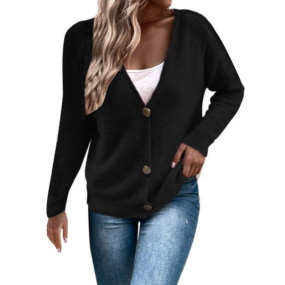 Ruyang Women's Lightweight Crewneck Cardigan Sweater Open Front Button Down Long Sleeve Pockets Chunky Knit Cardigan Sweaters