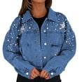 thumbnail image 1 of Ruyang Women's Long Pearl Beaded Denim Jacket Ripped Star Embroidered Denim Jacket Outerwear Plus Size Women Coats 1x, 1 of 8