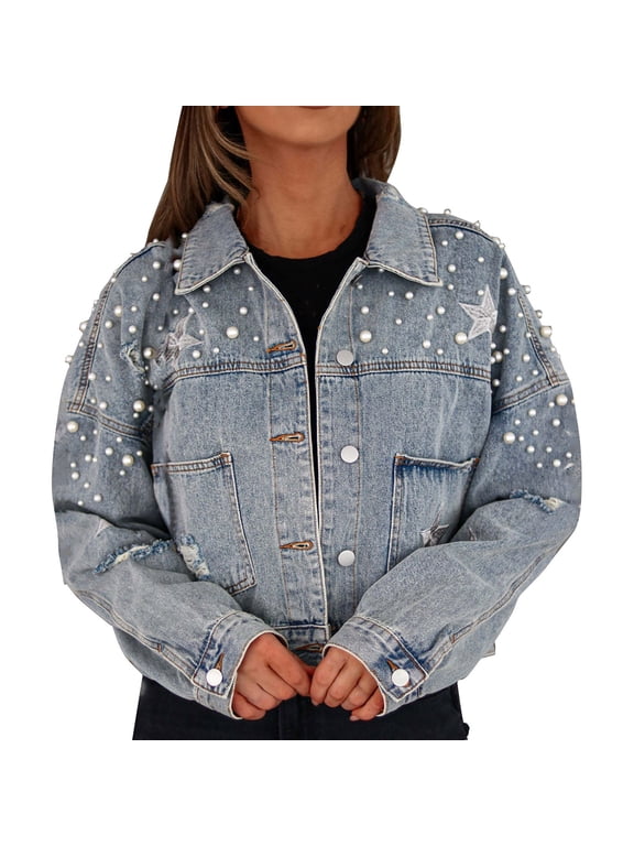 Women's Long Pearl Beaded Denim Jacket Ripped Star Embroidered Denim Jacket Outerwear Plus Size Women Coats 1x