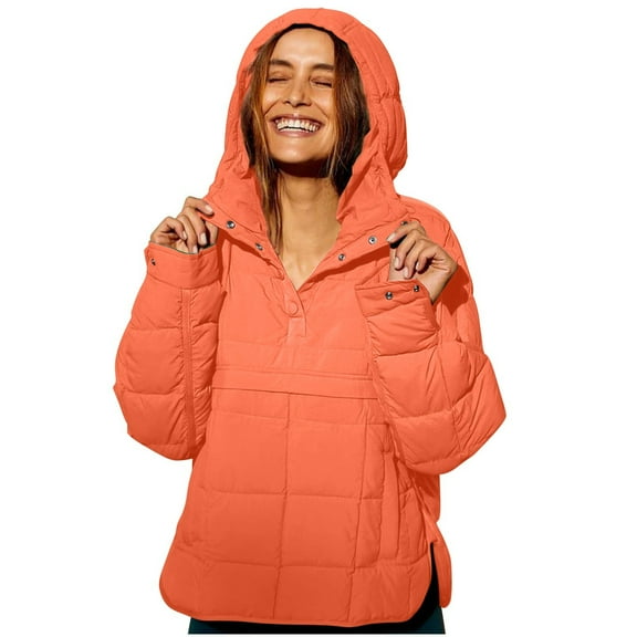 Ruyang Women's Quilted Pullover Puffer Jacket Oversized Long Sleeve Hooded Coats Winter Warm Lightweight Outwear With Pocket Drawstring Top