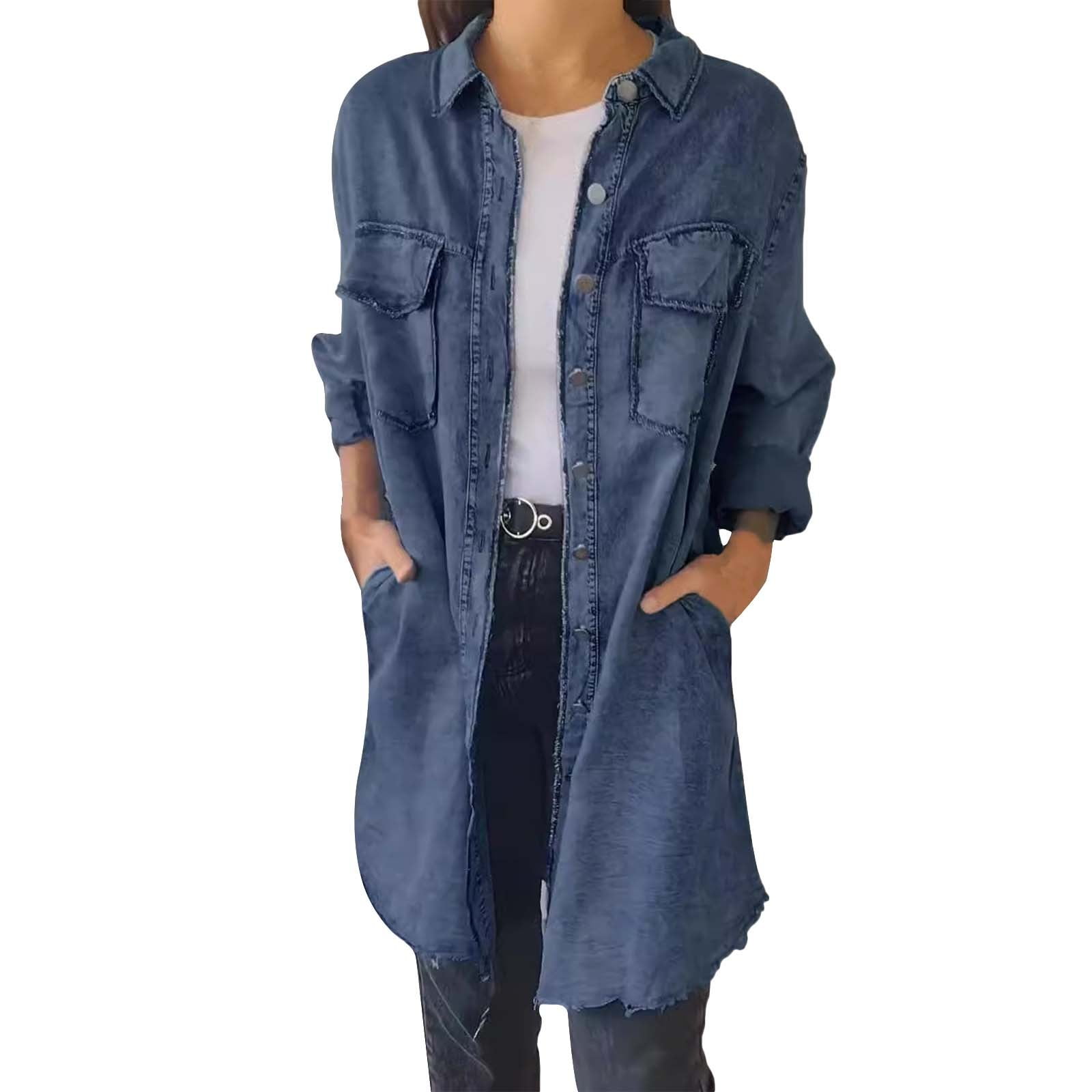 Ruyang Women's Ripped Long Denim Jacket Casual Button Down Hem Shirts