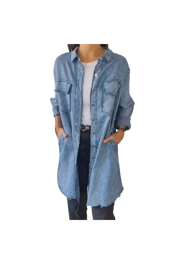 Women's Ripped Long Denim Jacket Casual Button Down Hem Shirts Jean Jackets Shackets With Pockets Women's Coats Plus Size