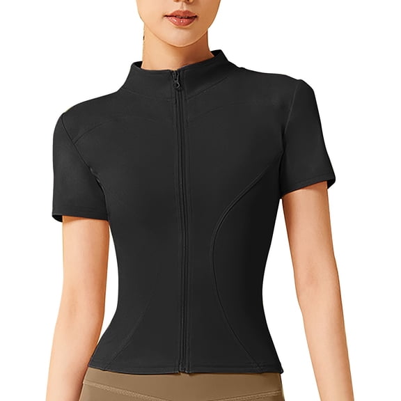 Ruyang Women's Running Slim Full Zipper Stand Up Collar Fitness Casual Short Sleeve Sports Workout Jacket Ringer Tee
