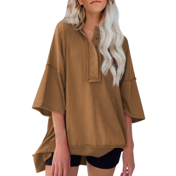 Ruyang Women's Solid Color Pullover Loose Flesh Covering Button Hoodie T Shirt For Women Long Shirt Women