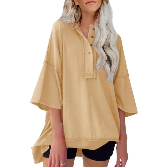 Ruyang Women's Solid Color Pullover Loose Flesh Covering Button Hoodie T Shirt For Women Long Shirt Women