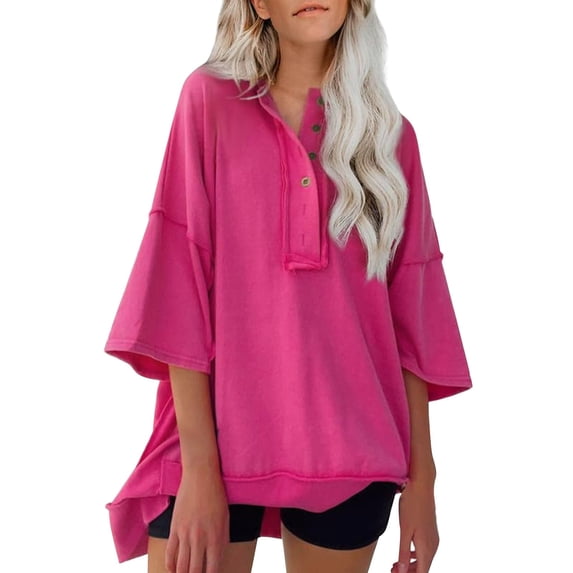 Ruyang Women's Solid Color Pullover Loose Flesh Covering Button Hoodie T Shirt For Women Long Shirt Women