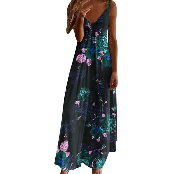 Ruyang Women's Spaghetti Strap Dress Trendy Sleeveless Floral Print Stretchy Maxi Dress V Neck Comfy Boho Maxi Dress
