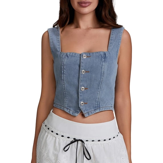 Ruyang Women's Spring And Summer Solid Color Sleeveless Denim Vest Buckle Fashion Sling Short Top Shirt Women Dressy
