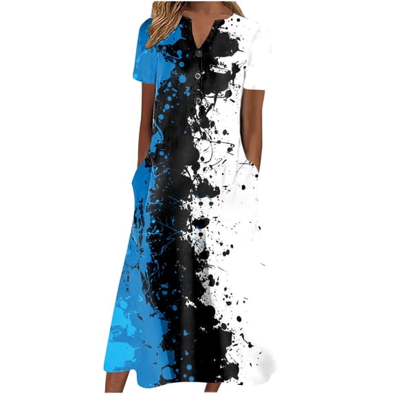 Ruyang Women's Summer Boho Floral Maxi Dress Casual Loose Summer Short Sleeve Beach Vacation Dresses With Pockets Dress Woman