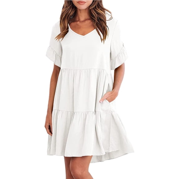 Ruyang Women's Summer Casual Dress V Neck Layered Ruffle Hem Pocket A Line Mini Swing Beach Short Sleeve Plus Size Dress