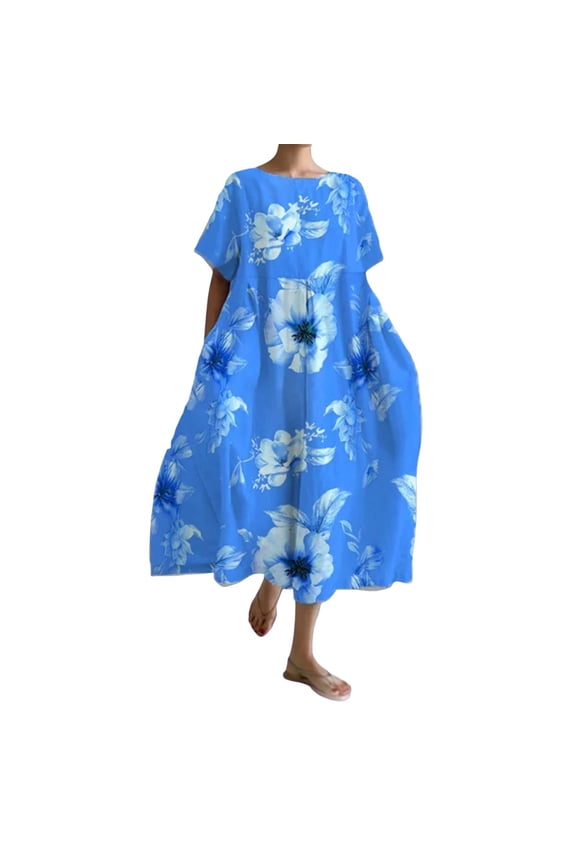 Women's Summer Dress Retro Botanical Floral Design Printed Casual Loose Dress With Pocket Surplice Dress for Women