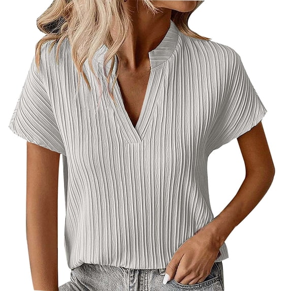 Ruyang Women's Summer New Women's Top Solid Color V Neck Striped Short Sleeved Casual T Shirt Shirt Women Fit T Shirts