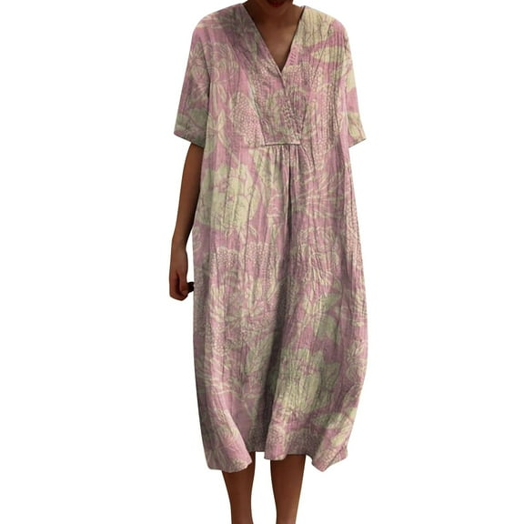 Ruyang Women's Summer Short Sleeve A-Line Midi Dresses Casual Floral T-Shirt Dress Flowy Beach Sundress with Pockets Plus Size Dress