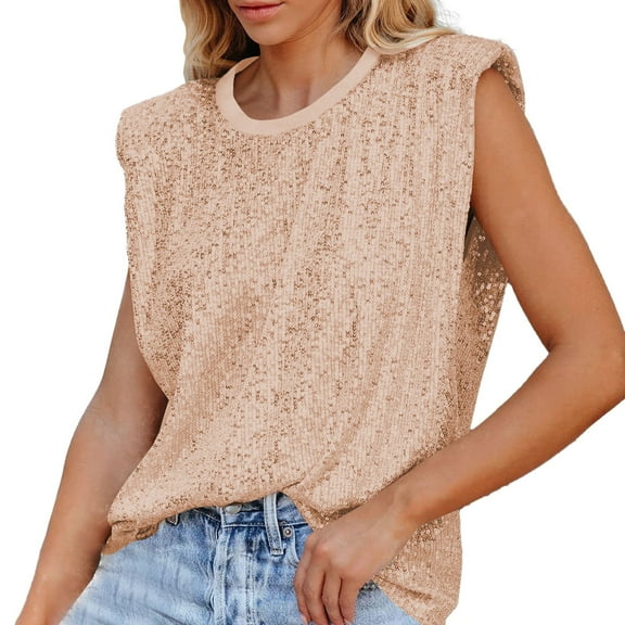 Ruyang Women's Summer Solid Color Sequins T Shirt Nightclub Women's Sleeveless Shoulder Pad Undershirt Loose Round Neck Tops ﻿
