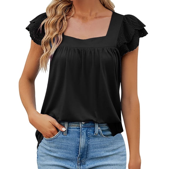 Ruyang Women's Summer T Shirts Casual Solid Color Patchwork Square Neck Slim Fit Knitted Short Sleeved T Shirt Women Tunic Tops