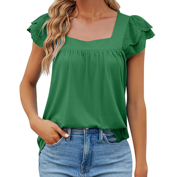 Ruyang Women's Summer T Shirts Casual Solid Color Patchwork Square Neck Slim Fit Knitted Short Sleeved T Shirt Women Tunic Tops