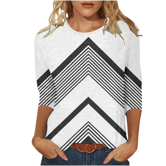 Ruyang Women's Summer T-Shirts, Women's Round Neck Striped Ethnic Printed Loose Casual 3/4 Sleeve T Shirt Womens Cotton Long Sleeve Shirt