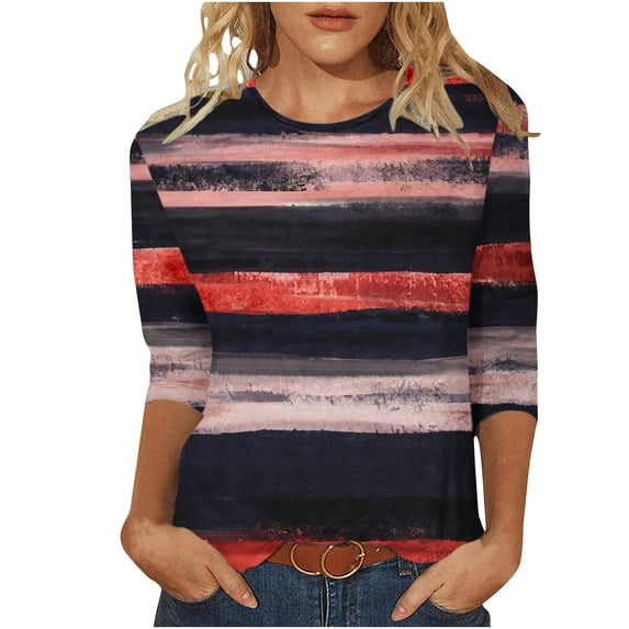 Ruyang Women's Summer T-Shirts, Women's Round Neck Striped Ethnic Printed Loose Casual 3/4 Sleeve T Shirt Womens Cotton Long Sleeve Shirt