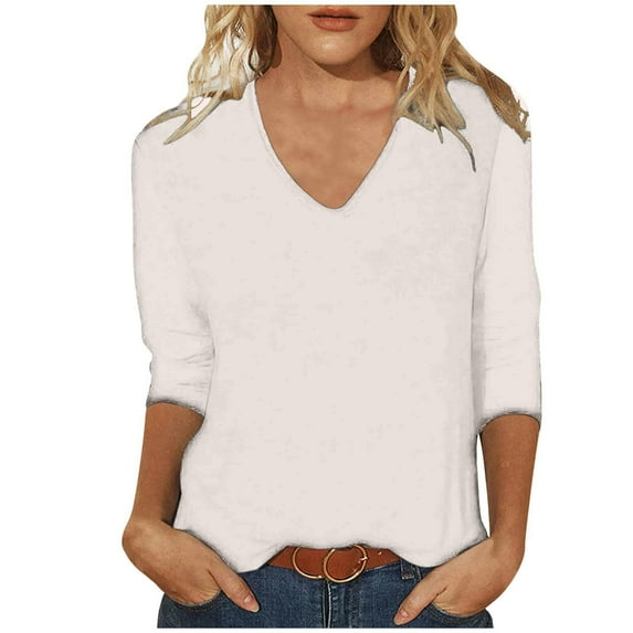 Ruyang Women's T-Shirts Casual 3/4 Sleeve T-Shirts Button V Neck Summer Tunic Tops Loose Fit Shirts Solid Basic Tops