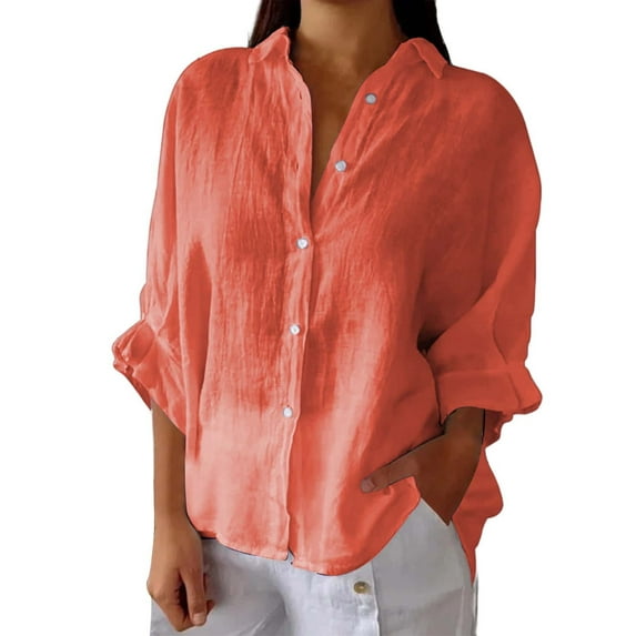 Ruyang Womens Button Down Shirts Cotton Linen Dress Shirts Long Sleeve Blouses V Neck Solid Casual Tunics Tops 2024 Pearl Tops