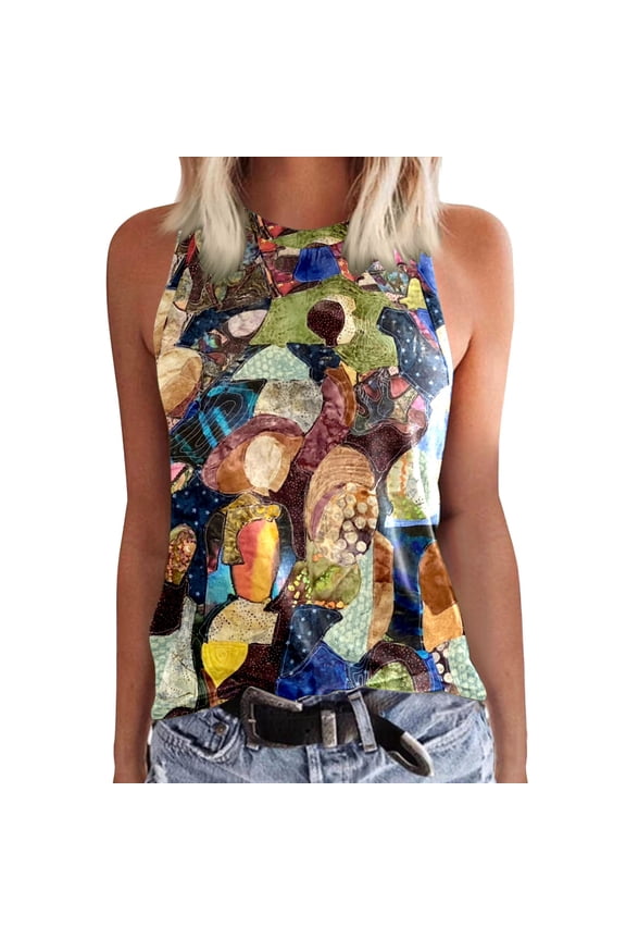 Womens Casual Crewneck Sleeveless Print Tank Tops Summer Casual Loose Fit Basic T Shirts Beach Blouse Women Top Loose