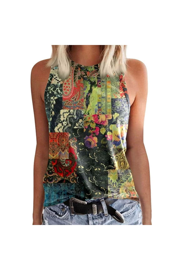 Womens Casual Crewneck Sleeveless Print Tank Tops Summer Casual Loose Fit Basic T Shirts Beach Blouse Women Top Loose