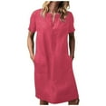 thumbnail image 1 of Ruyang Womens Cotton Linen Dress Short Sleeve Casual Solid Color V-Neck Dress Summer Women's T-Shirt Dress Beach Sundress With Pockets, 1 of 7