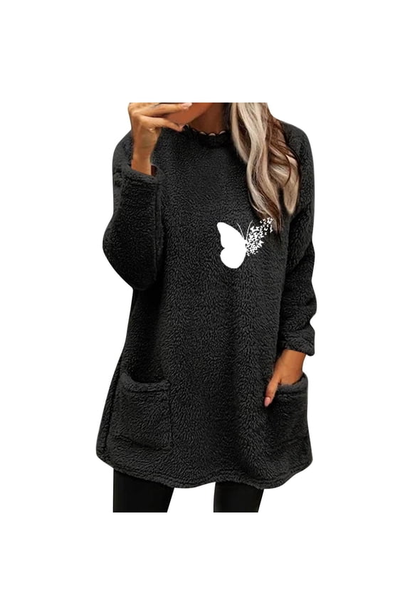 Womens Fleece Top Womens Winter Coat Loose Wool Jacket Long Sleeved Jumper With Pockets Junior Crop Sweater