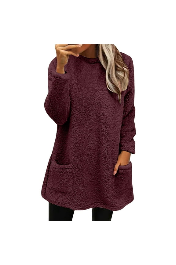 Womens Fleece Top Womens Winter Coat Loose Wool Jacket Long Sleeved Jumper With Pockets Lightweight Warm Sweater