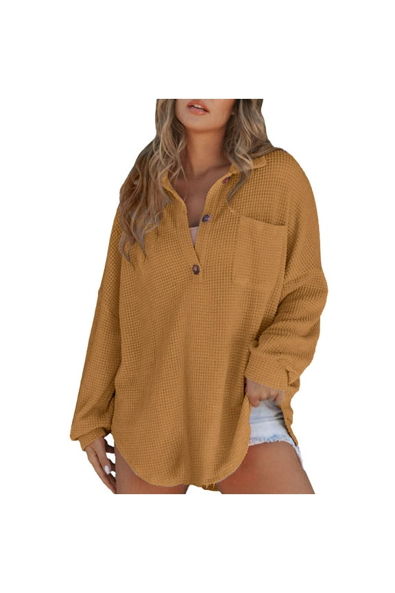 Womens Solid Color Waffle Knit Tops Casual Loose Long Sleeve V Neck Henley Tshirts Fall Winter Pullover Sweater Blouses