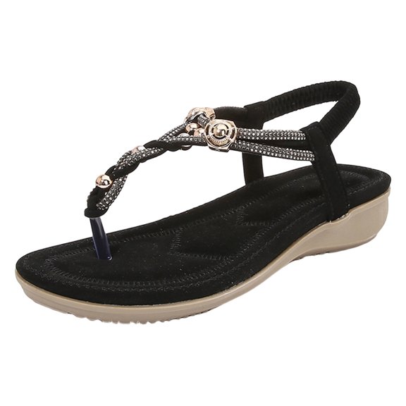 Ruyang Womens Summer Fashion Rhinestone Slope Heel Hollow Solid Colour Soft Flat Bottom Open Toe Large Size Womens Cute Sandals