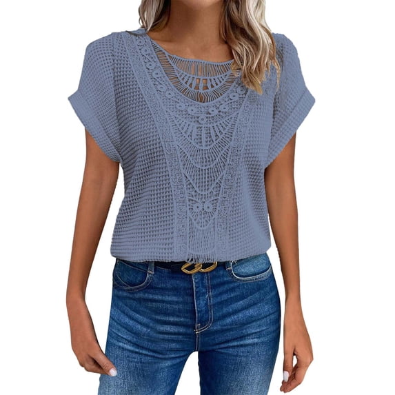 Ruyang Womens Summer Tops Crew Neck Lace Splicing Knit T Shirts Dressy Casual Short Sleeve Tops Solid Color Tee Tops