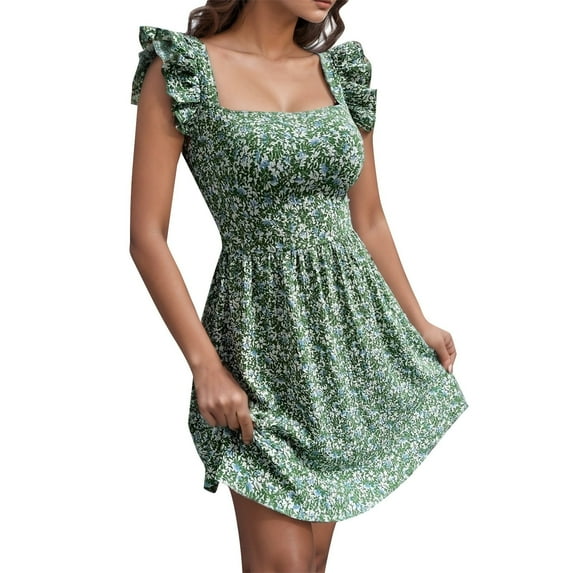 Ruyang Womens Summer Wrap Dress Summer Square Neck Ruffle Shoulder Bow Big Hem Ruffle Sleeves Asymmetric Hem Dress