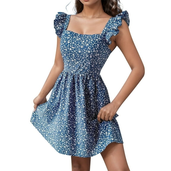 Ruyang Womens Summer Wrap Dress Summer Square Neck Ruffle Shoulder Bow Big Hem Ruffle Sleeves Asymmetric Hem Dress