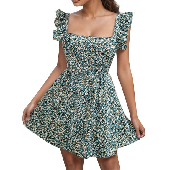 Ruyang Womens Summer Wrap Dress Summer Square Neck Ruffle Shoulder Bow Big Hem Ruffle Sleeves Asymmetric Hem Dress