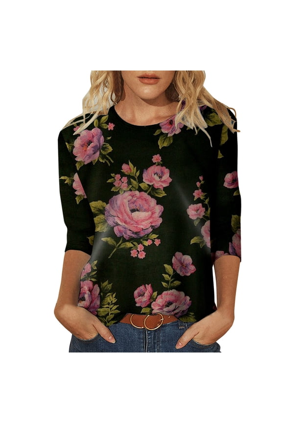 Womens Tops 3/4 Sleeve Shirts Summer Round Neck Loose Casual Blouses Floral Print Tshirts Striped Womens Shirt Compression Shirt Women
