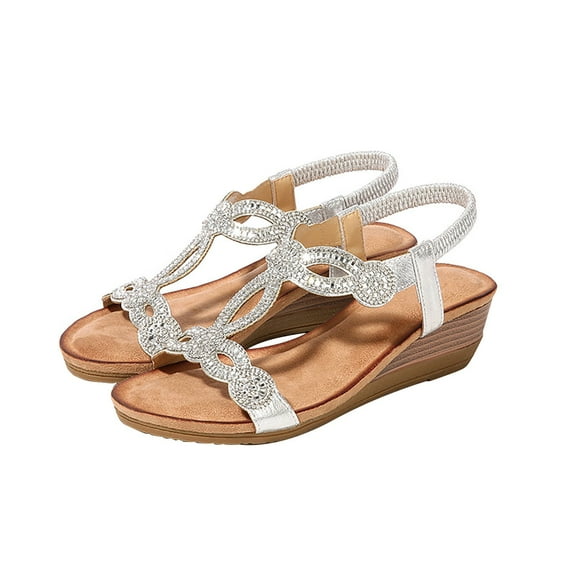 Ruyang Womens Wedge Sandals Flower Low Heel Dressy Sandals Elastic Ankle Strap Rhinestone Sandals Summer Comfortable Shoes