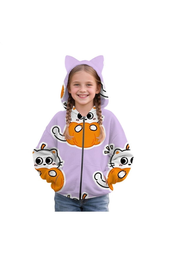 Zip Up Hoodie Sweatshirts for Girls Boys Cat Pumpkin Print Long Sleeve Jacket Toddler Kids Warm Coat Fall Halloween Outfits