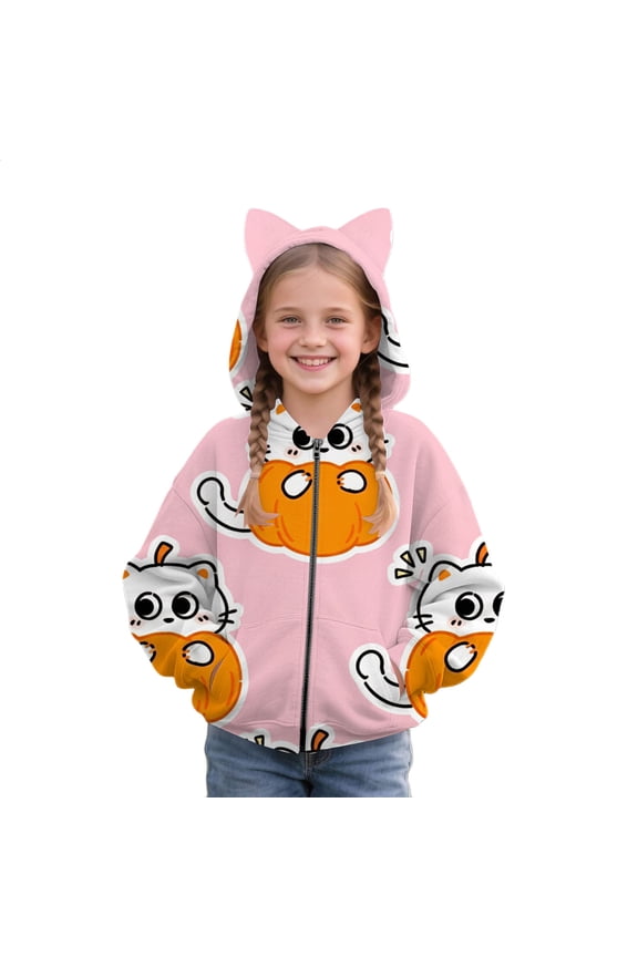 Zip Up Hoodie Sweatshirts for Girls Boys Cat Pumpkin Print Long Sleeve Jacket Toddler Kids Warm Coat Fall Halloween Outfits