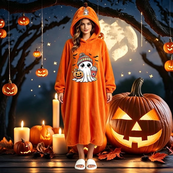 Ruyelune Gray Halloween Pumpkin Onesie Pajamas Plush Fleece Hooded Funny Cozy Pajamas Jumpsuit Thickened Casual Loungewear Outfits L