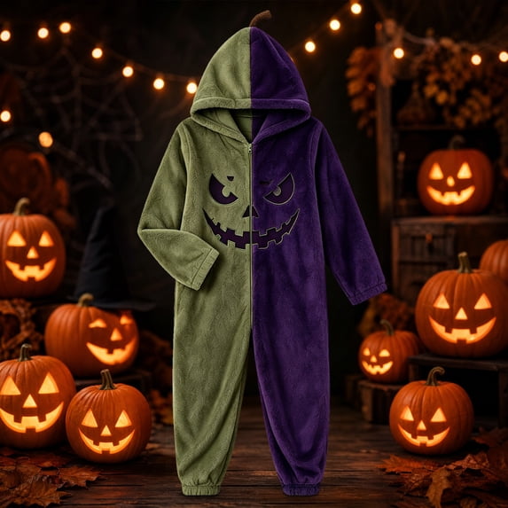 Ruyelune Green Adult Halloween Funny Hooded Jumpsuit Pajamas Loungewear Jack O Lantern Halloween Jumpsuit Costume - Hooded One Piece Cosplay Suit for Women and Men M