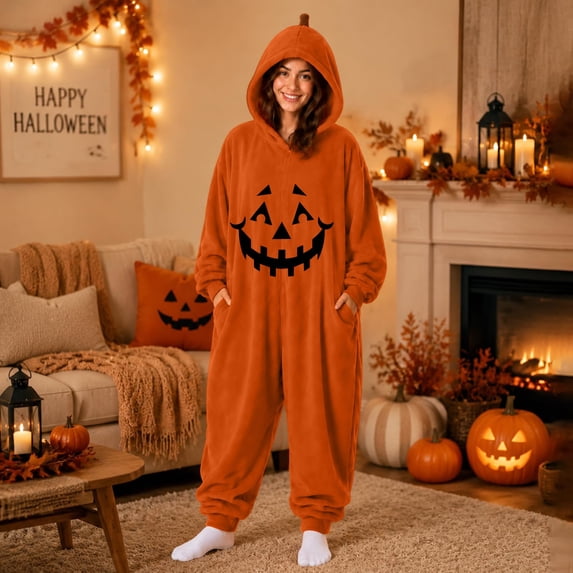 Ruyelune Orange Adult Hooded Pumpkin Plush Onesie Pajamas Funny Pumpkin Hooded Casual Pajama Set, Oversized Onesie Jumpsuit 3XL