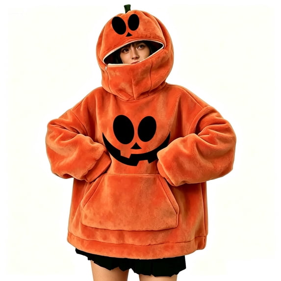 Ruyelune Orange Halloween Pumpkin Onesie Pajamas 2026 3D Print Hooded Zip up Jumpsuit Stretchy Pajamas Unisex Scary Party Costume L