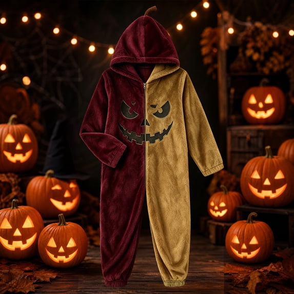Ruyelune Red Halloween Pumpkin Onesie Adult Funny Pumpkin Hooded Casual Pajama Set, Oversized Onesie Jumpsuit M
