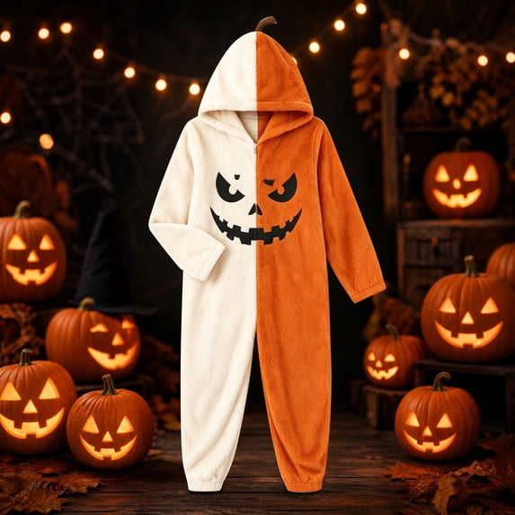 Ruyelune White Adult Pumpkin Onesie Costume Jack O Lantern Halloween Jumpsuit Costume - Hooded One Piece Cosplay Suit for Women and Men XL